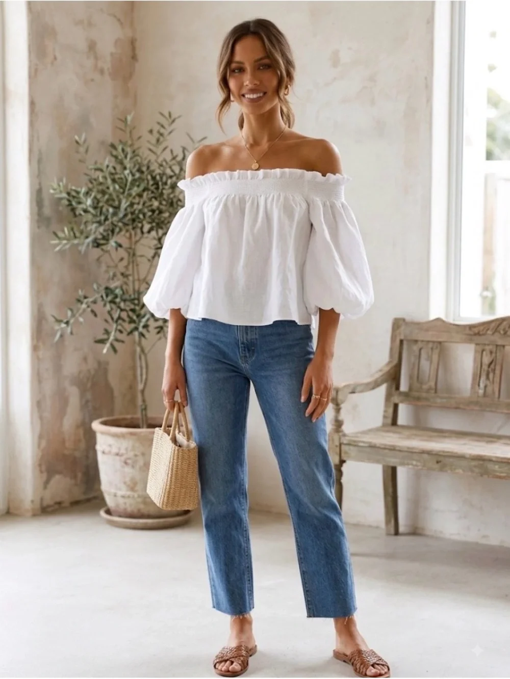 Banana Republic White Ruffled Off-Shoulder Blouse